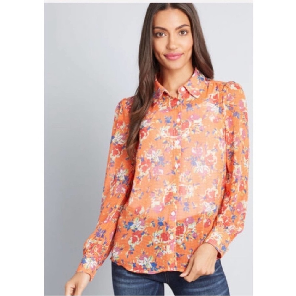 ModCloth Floral Be Buzzworthy Sheer Chiffon Button Down Blouse Top Long Sleeve